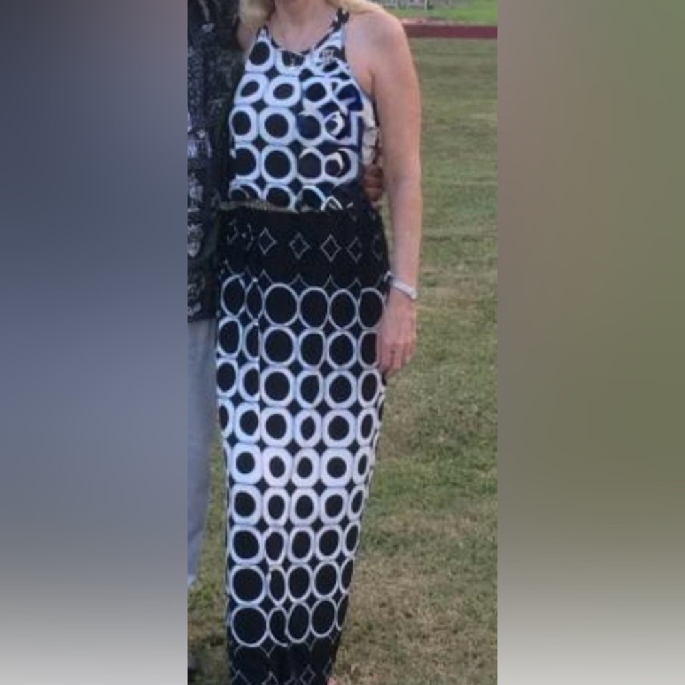 Tori Richard Honolulu Black and White Patterned blouson maxi dress